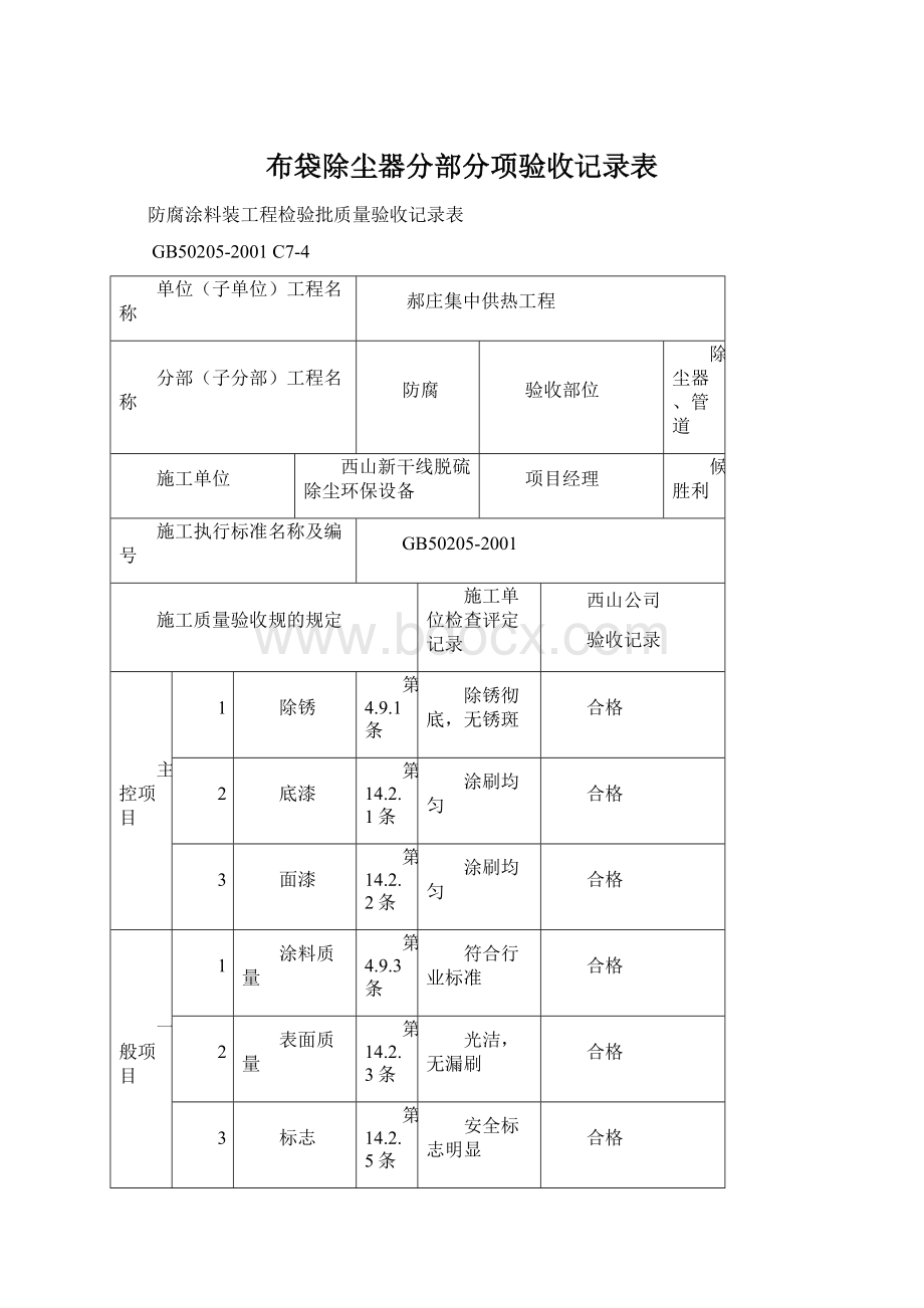 布袋除尘器分部分项验收记录表.docx_第1页