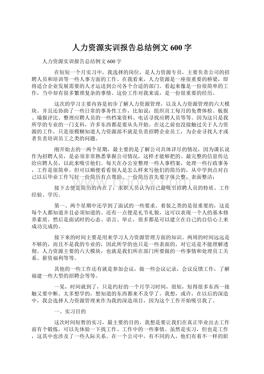 人力资源实训报告总结例文600字Word下载.docx