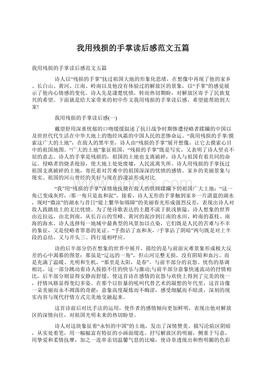 我用残损的手掌读后感范文五篇Word格式文档下载.docx_第1页