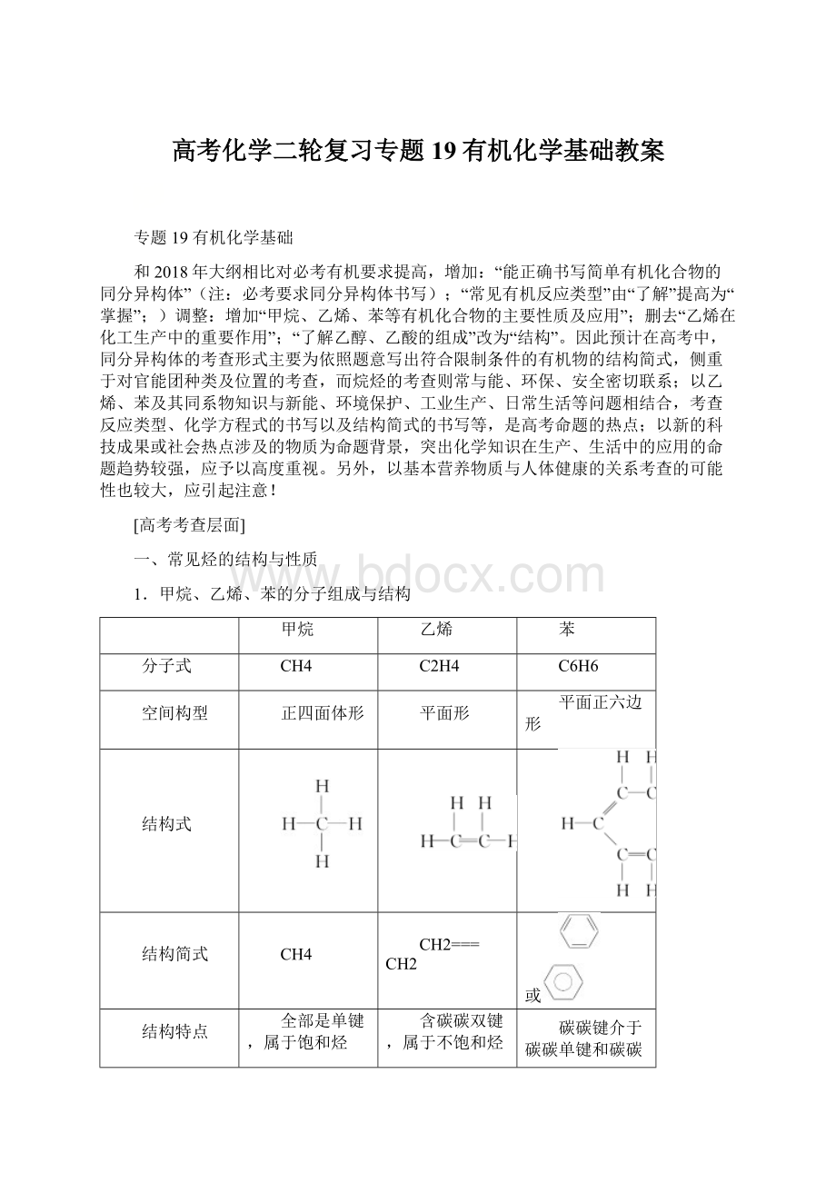 高考化学二轮复习专题19有机化学基础教案.docx