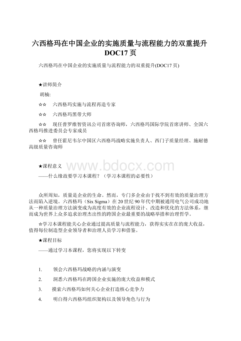 六西格玛在中国企业的实施质量与流程能力的双重提升DOC17页.docx