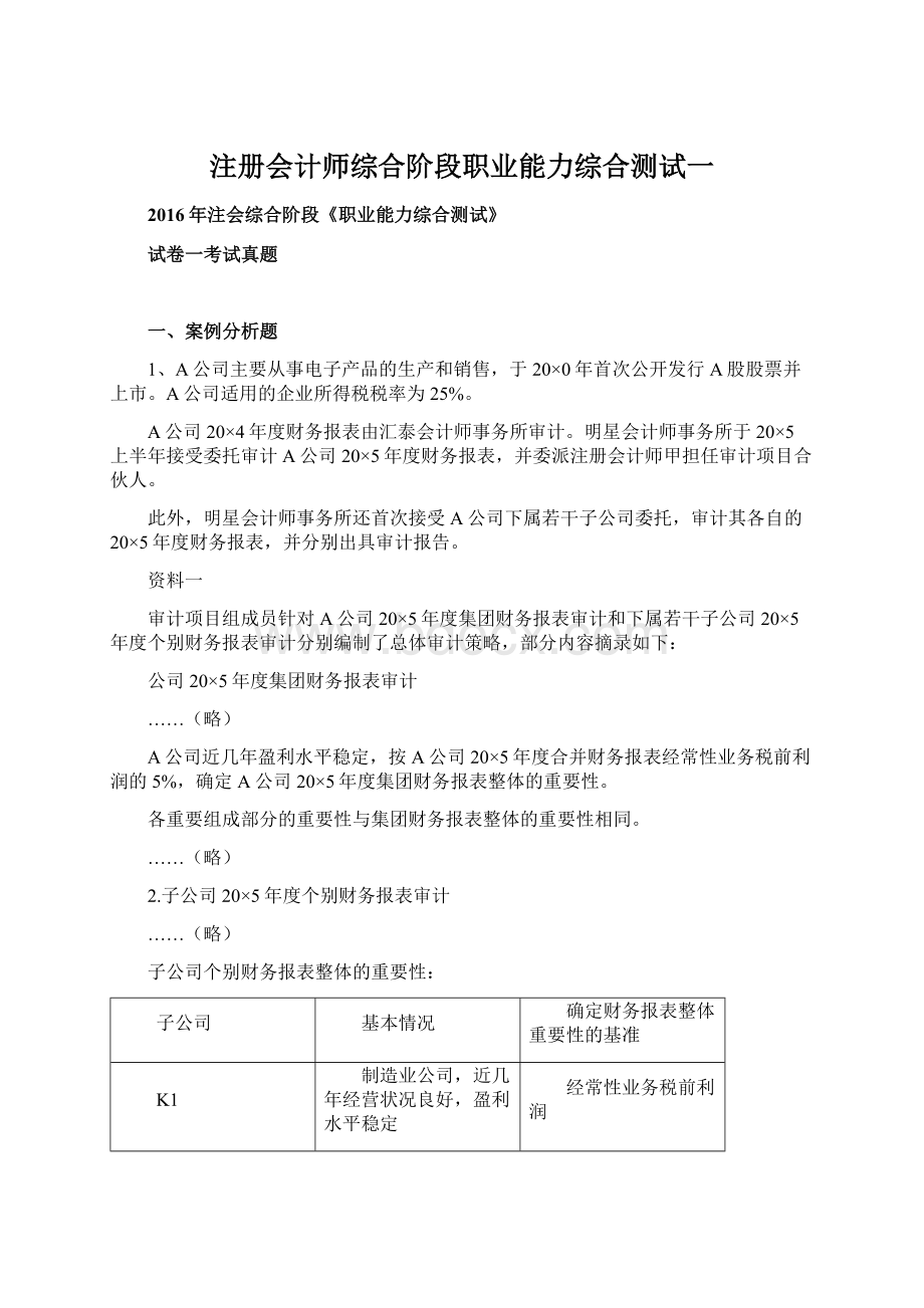 注册会计师综合阶段职业能力综合测试一Word格式文档下载.docx_第1页