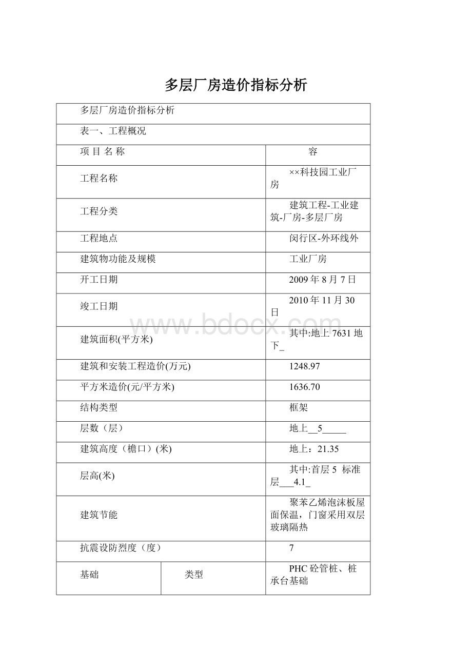 多层厂房造价指标分析文档格式.docx_第1页