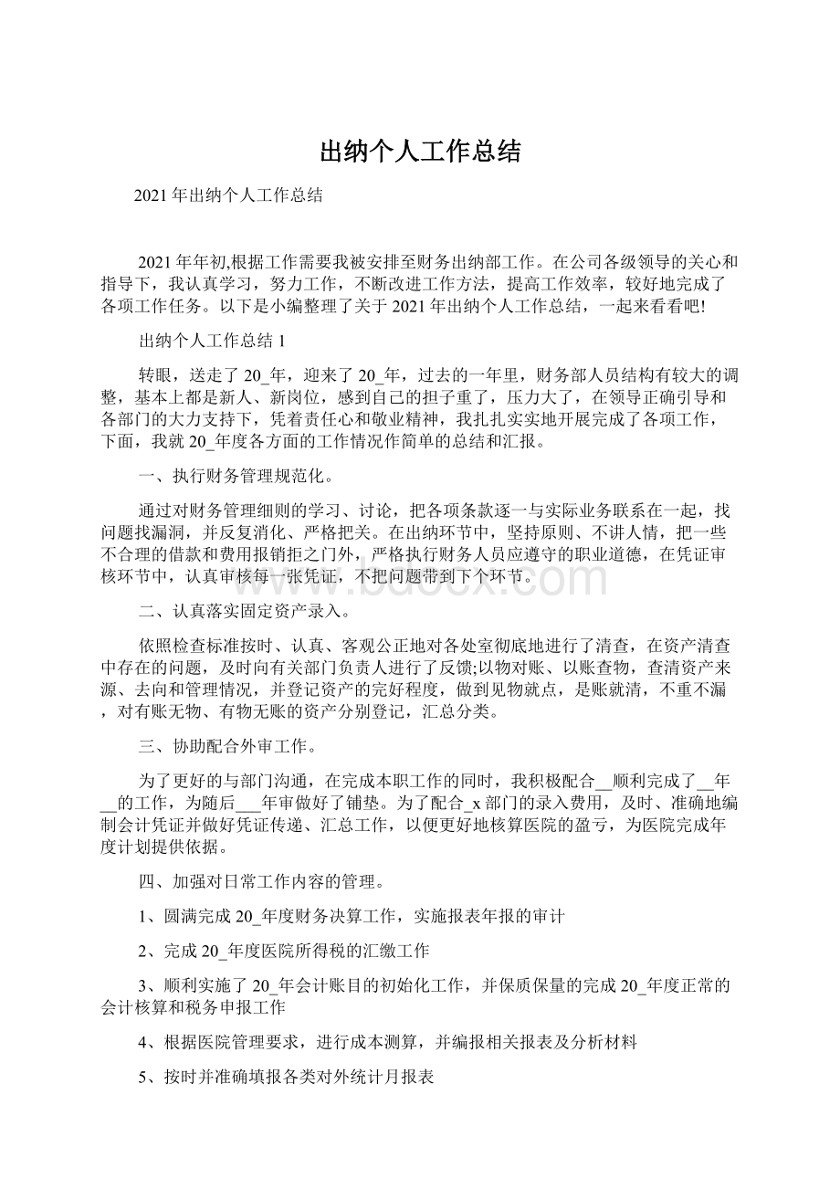 出纳个人工作总结Word文档下载推荐.docx_第1页