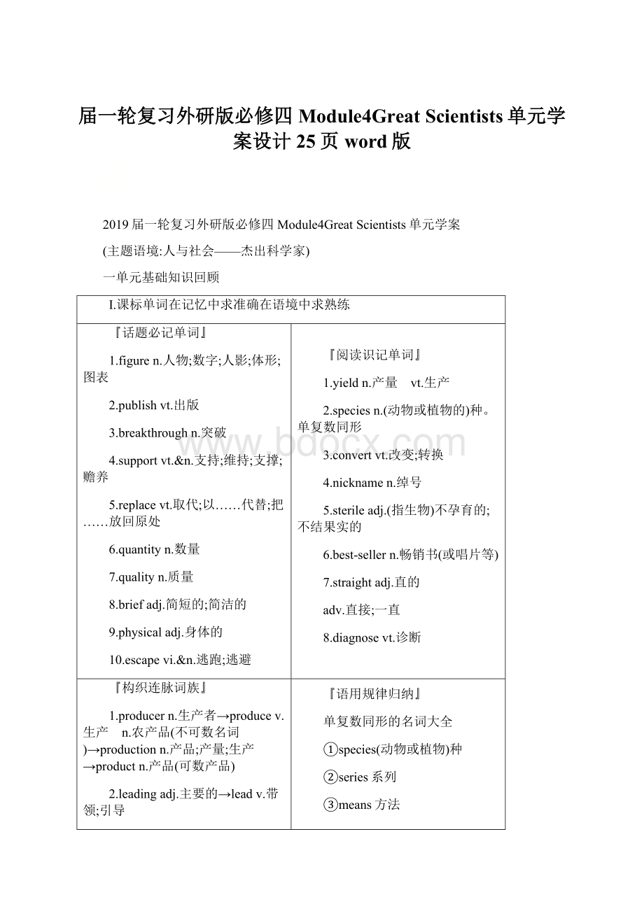 届一轮复习外研版必修四Module4Great Scientists单元学案设计25页word版.docx_第1页