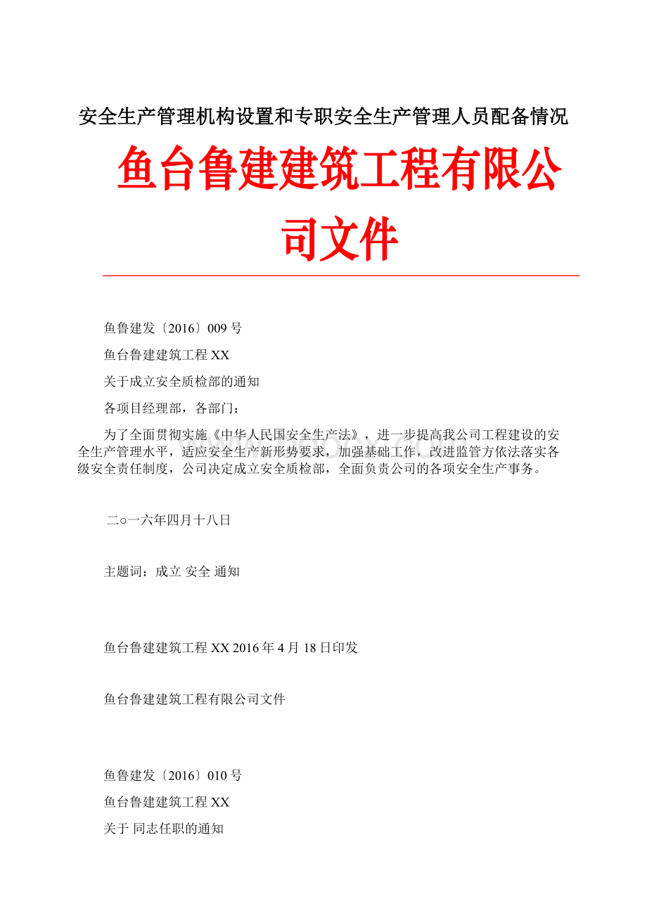 安全生产管理机构设置和专职安全生产管理人员配备情况Word文档格式.docx_第1页