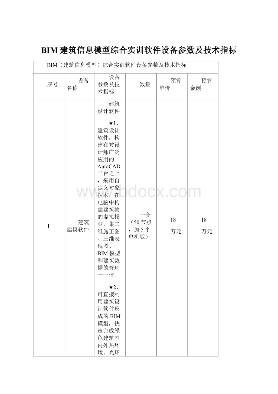 BIM建筑信息模型综合实训软件设备参数及技术指标Word文档下载推荐.docx