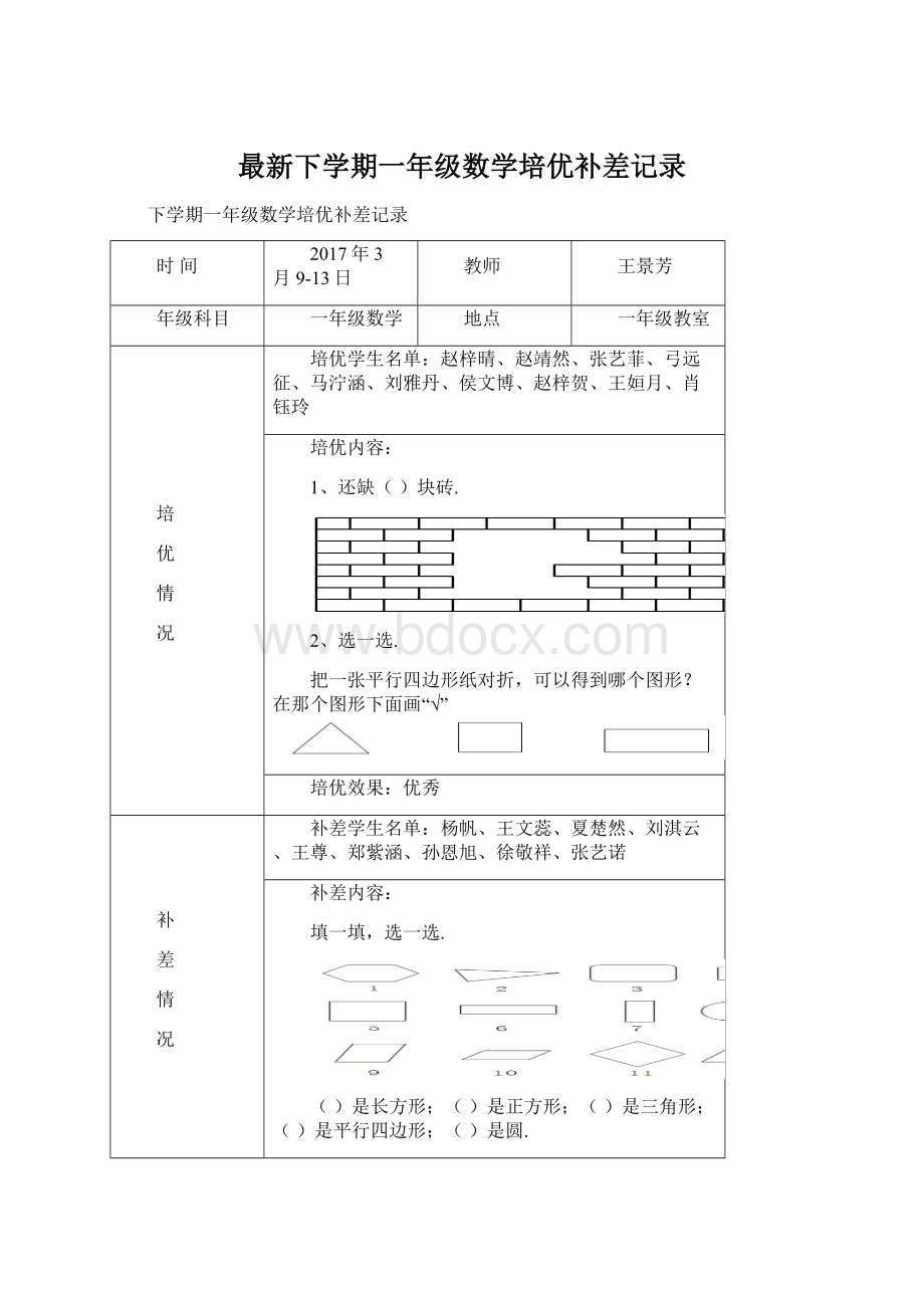 最新下学期一年级数学培优补差记录Word文档下载推荐.docx_第1页