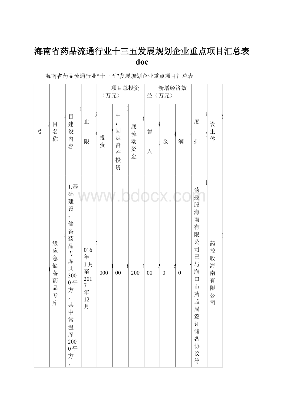 海南省药品流通行业十三五发展规划企业重点项目汇总表 docWord下载.docx_第1页