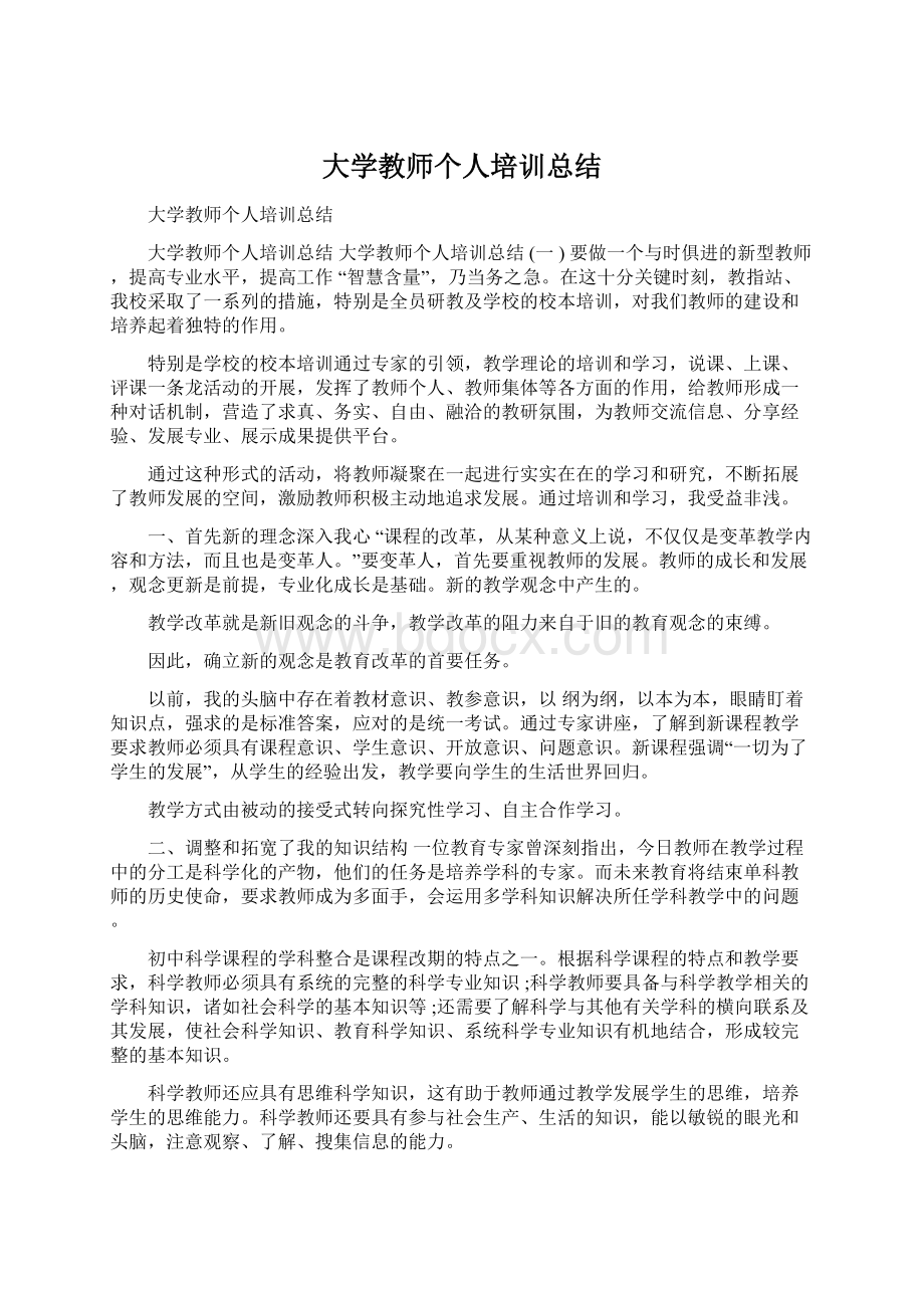 大学教师个人培训总结Word文档格式.docx