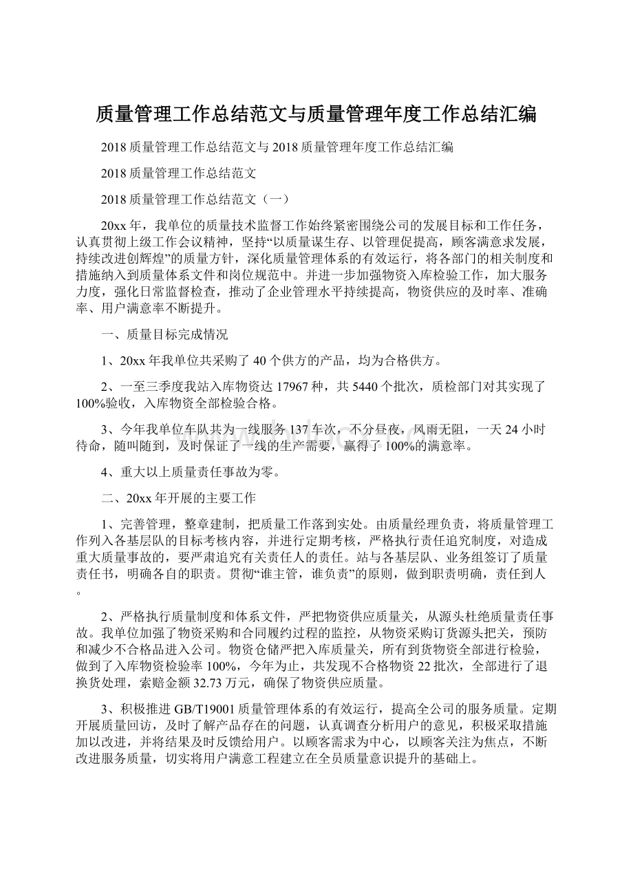 质量管理工作总结范文与质量管理年度工作总结汇编.docx_第1页