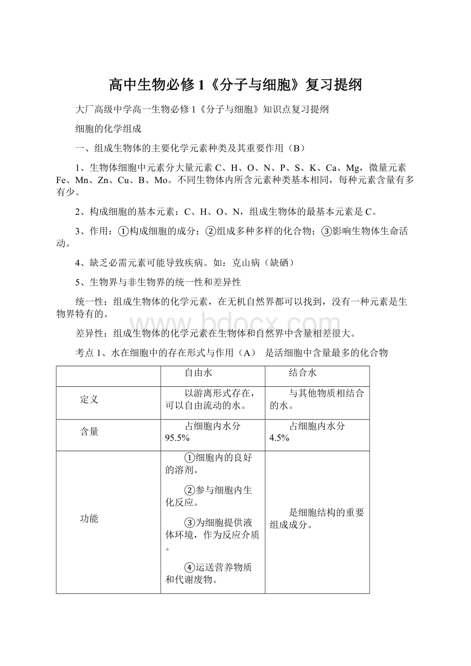 高中生物必修1《分子与细胞》复习提纲.docx