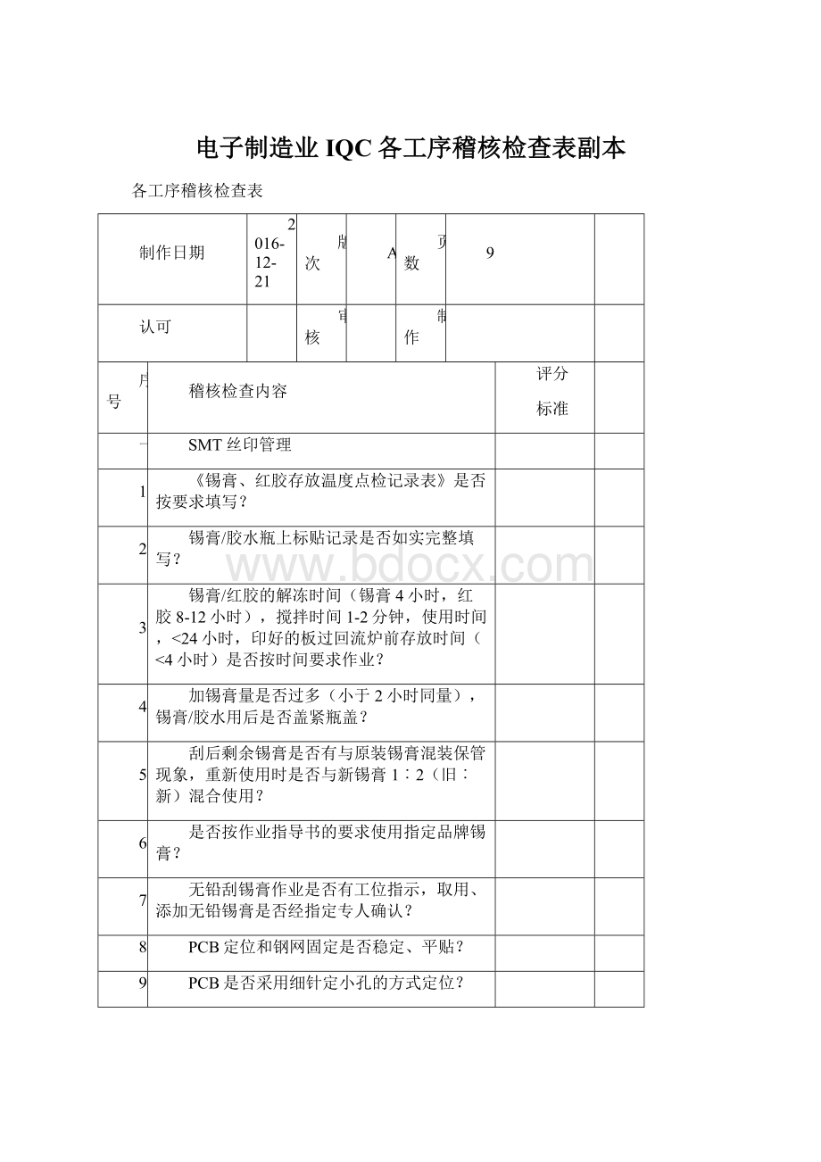 电子制造业IQC各工序稽核检查表副本Word文档下载推荐.docx_第1页