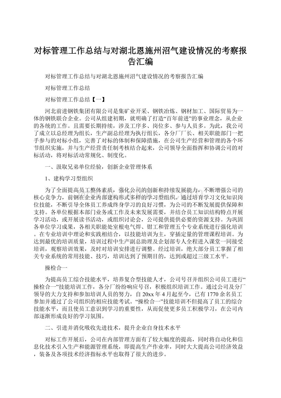 对标管理工作总结与对湖北恩施州沼气建设情况的考察报告汇编Word下载.docx_第1页