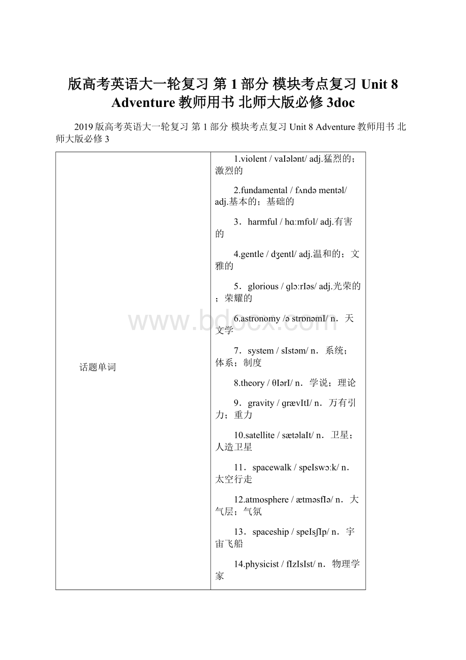 版高考英语大一轮复习 第1部分 模块考点复习 Unit 8 Adventure教师用书 北师大版必修3doc.docx_第1页