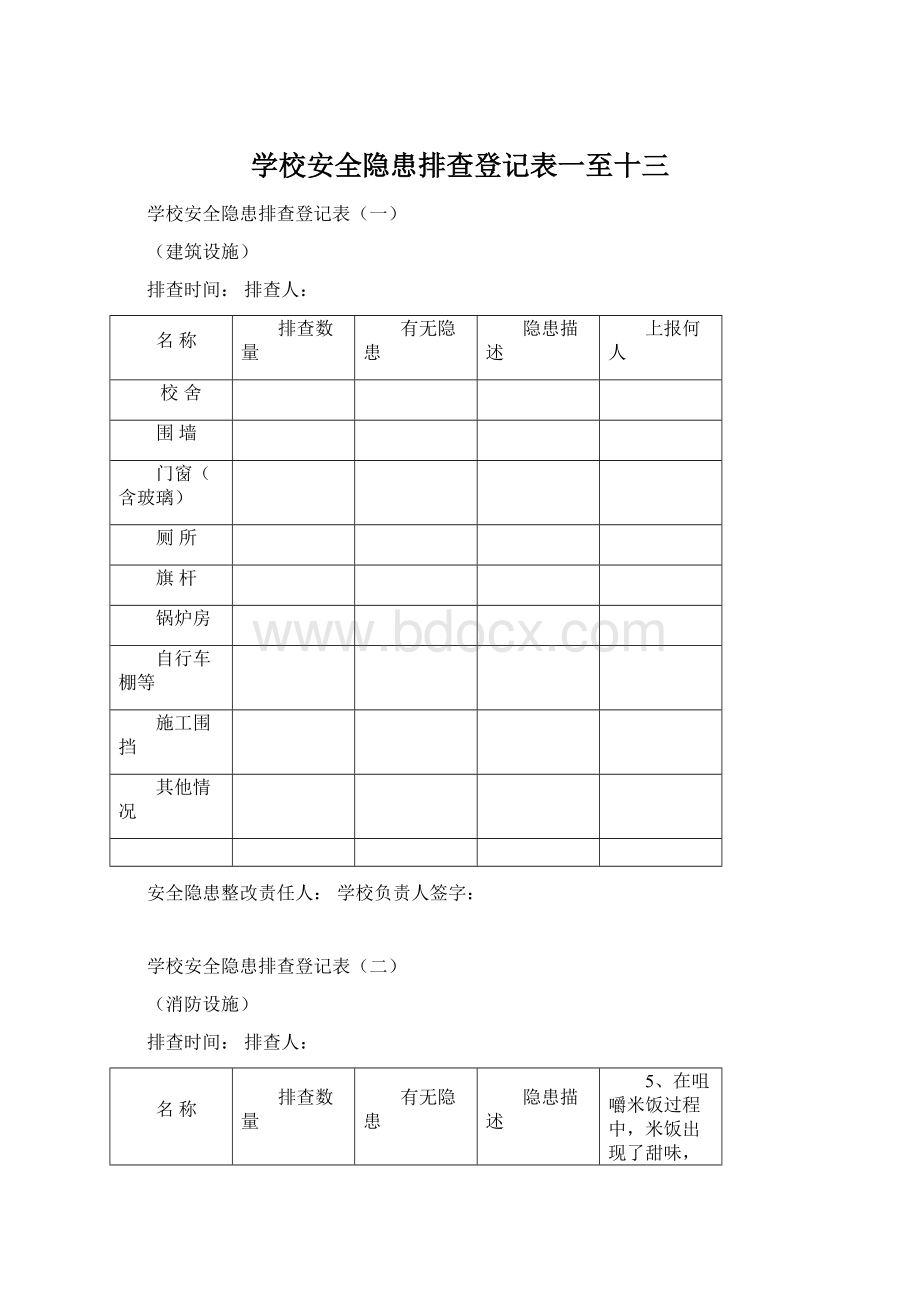 学校安全隐患排查登记表一至十三.docx_第1页