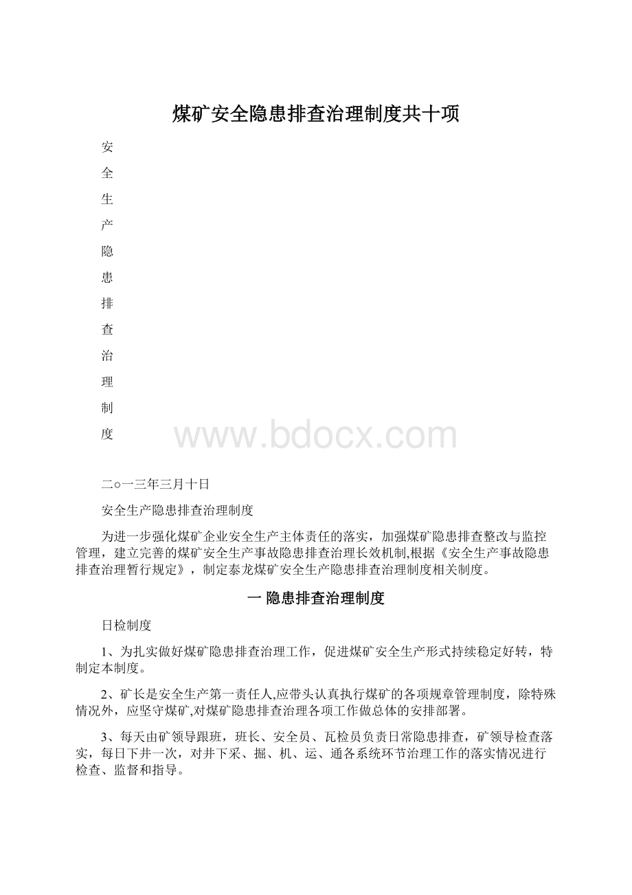 煤矿安全隐患排查治理制度共十项Word格式文档下载.docx_第1页