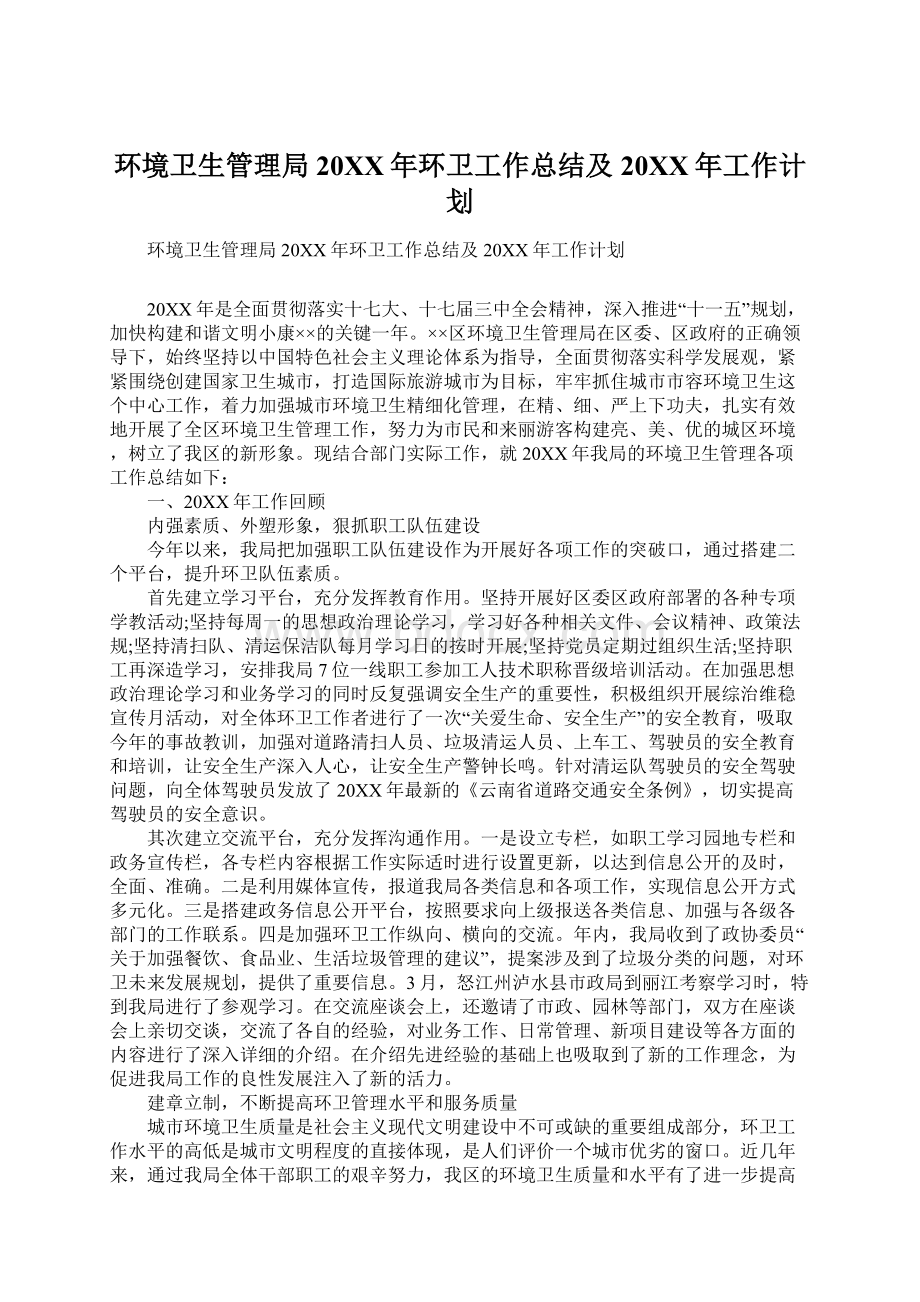 环境卫生管理局20XX年环卫工作总结及20XX年工作计划Word文件下载.docx_第1页