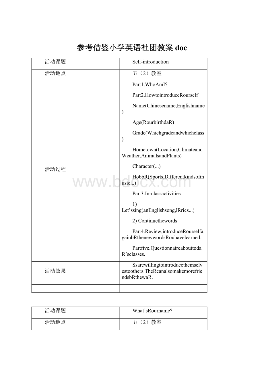 参考借鉴小学英语社团教案docWord下载.docx