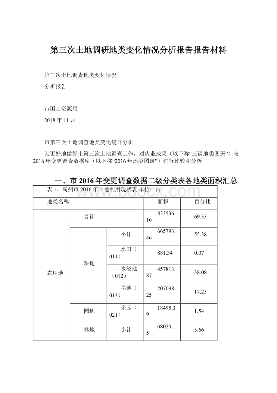 第三次土地调研地类变化情况分析报告报告材料文档格式.docx_第1页