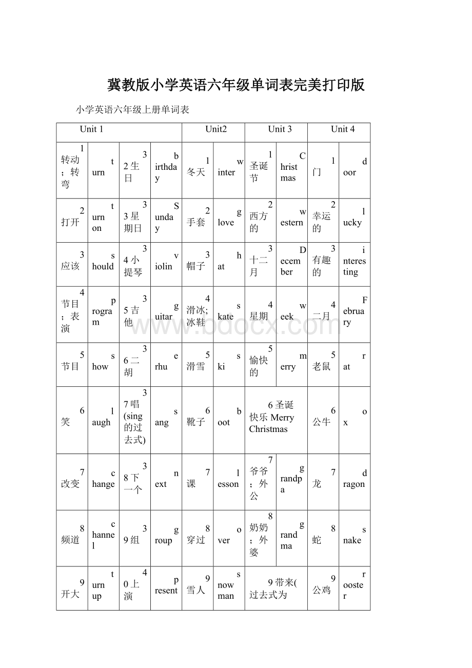 冀教版小学英语六年级单词表完美打印版文档格式.docx