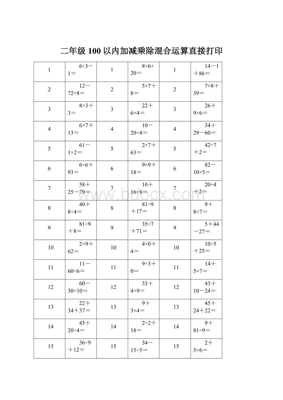 二年级100以内加减乘除混合运算直接打印.docx