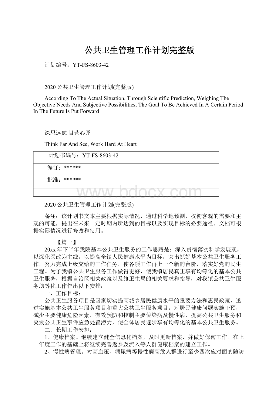 公共卫生管理工作计划完整版文档格式.docx