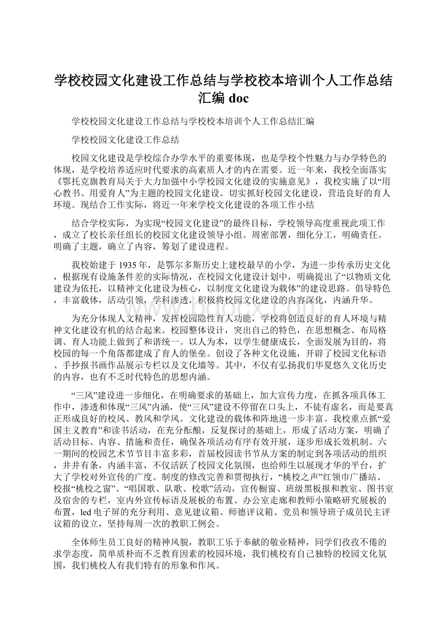 学校校园文化建设工作总结与学校校本培训个人工作总结汇编docWord下载.docx_第1页