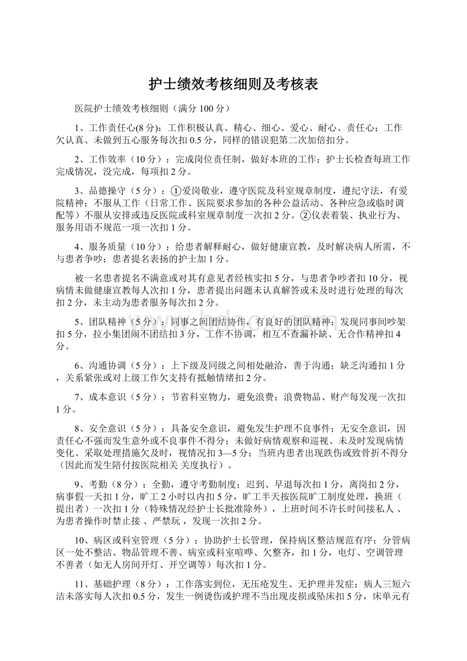 护士绩效考核细则及考核表.docx_第1页