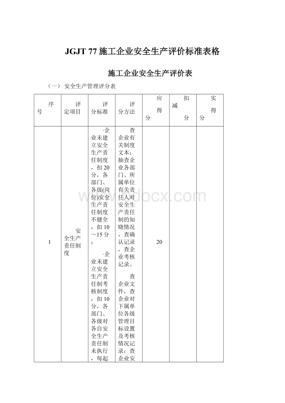 JGJT 77施工企业安全生产评价标准表格.docx_第1页