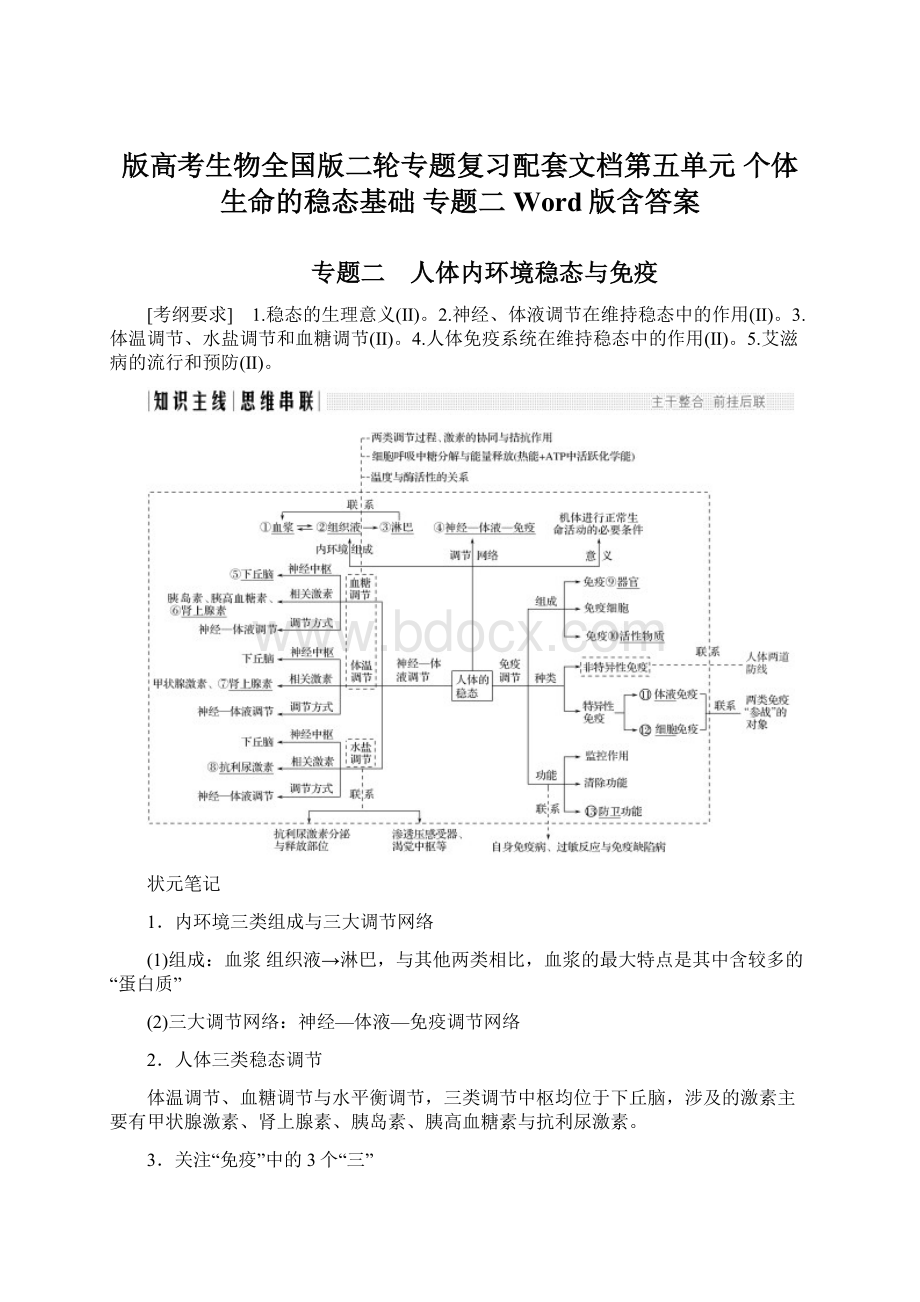 版高考生物全国版二轮专题复习配套文档第五单元 个体生命的稳态基础 专题二 Word版含答案.docx