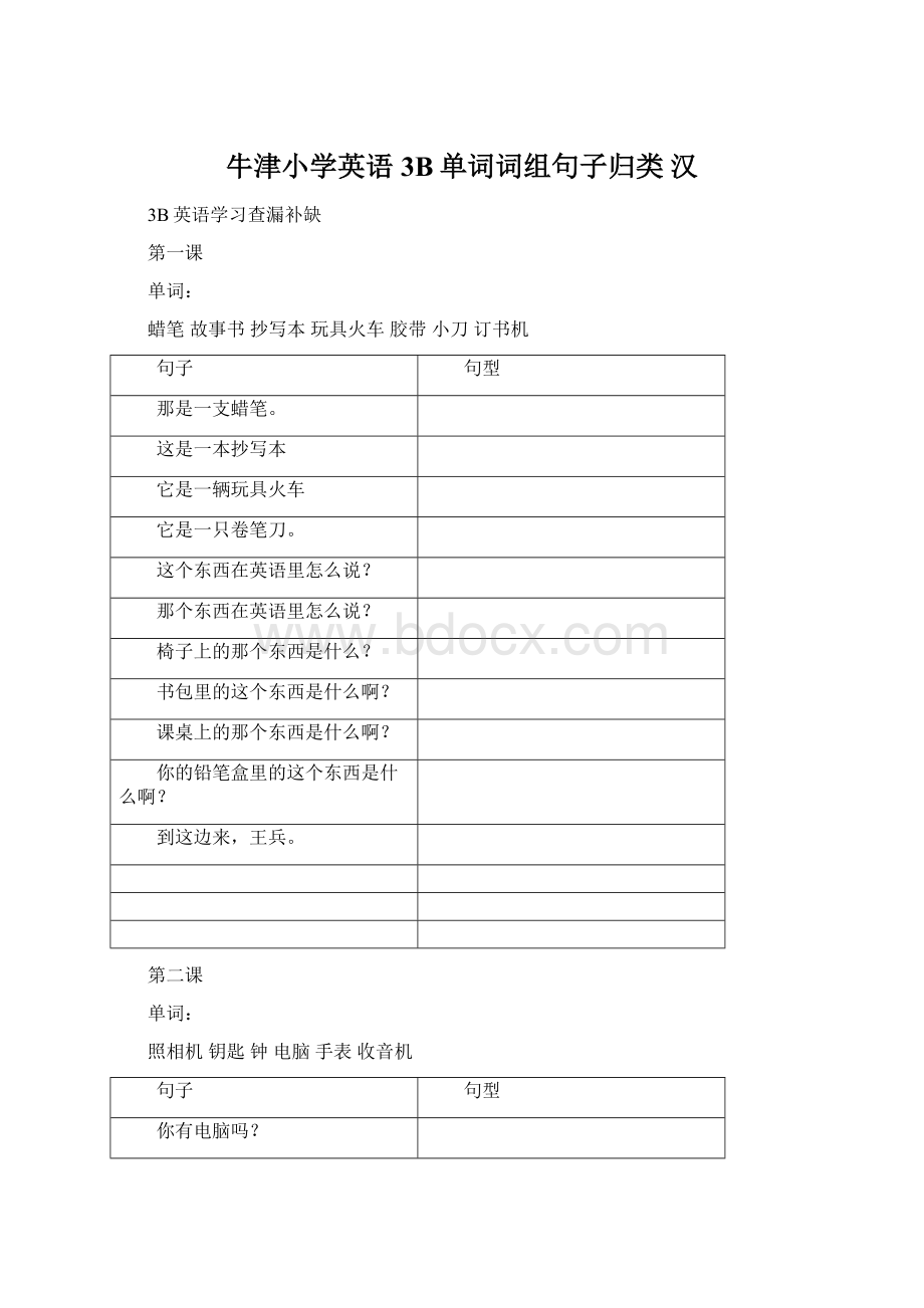 牛津小学英语3B单词词组句子归类 汉.docx