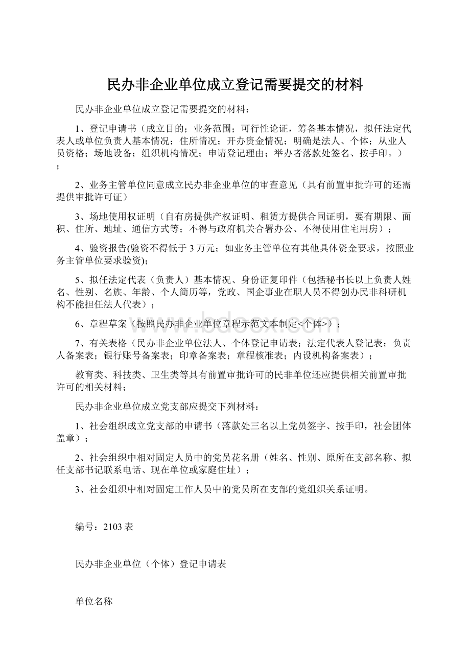 民办非企业单位成立登记需要提交的材料文档格式.docx_第1页