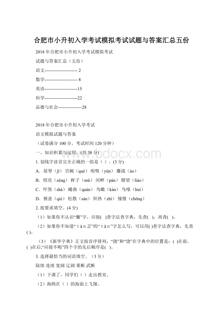 合肥市小升初入学考试模拟考试试题与答案汇总五份Word文档下载推荐.docx