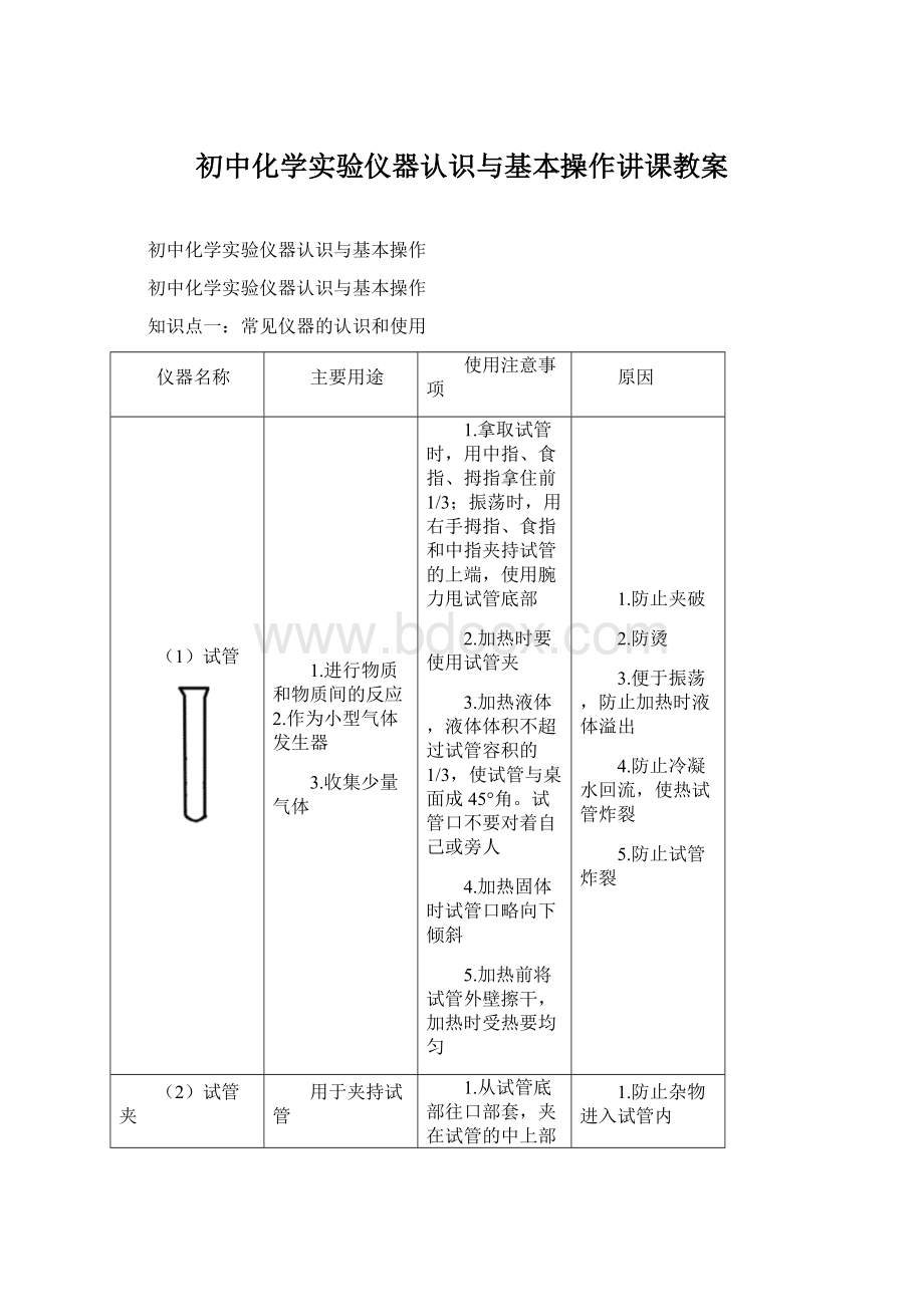 初中化学实验仪器认识与基本操作讲课教案.docx