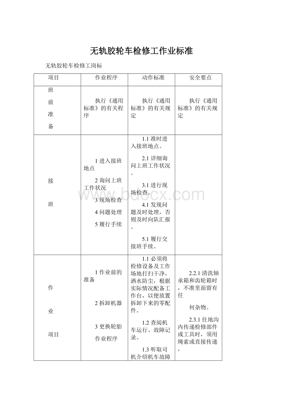 无轨胶轮车检修工作业标准Word文档格式.docx