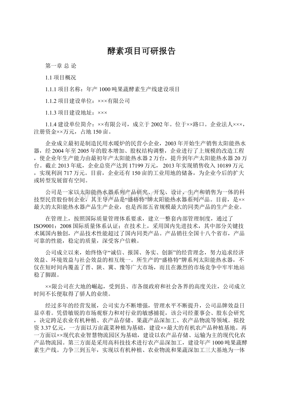 酵素项目可研报告文档格式.docx