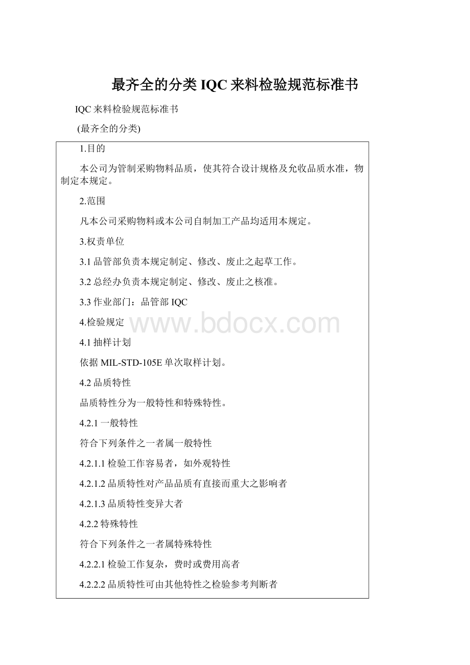 最齐全的分类IQC来料检验规范标准书Word文档格式.docx_第1页