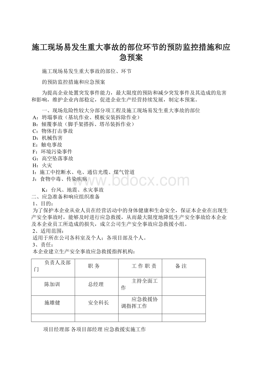 施工现场易发生重大事故的部位环节的预防监控措施和应急预案.docx