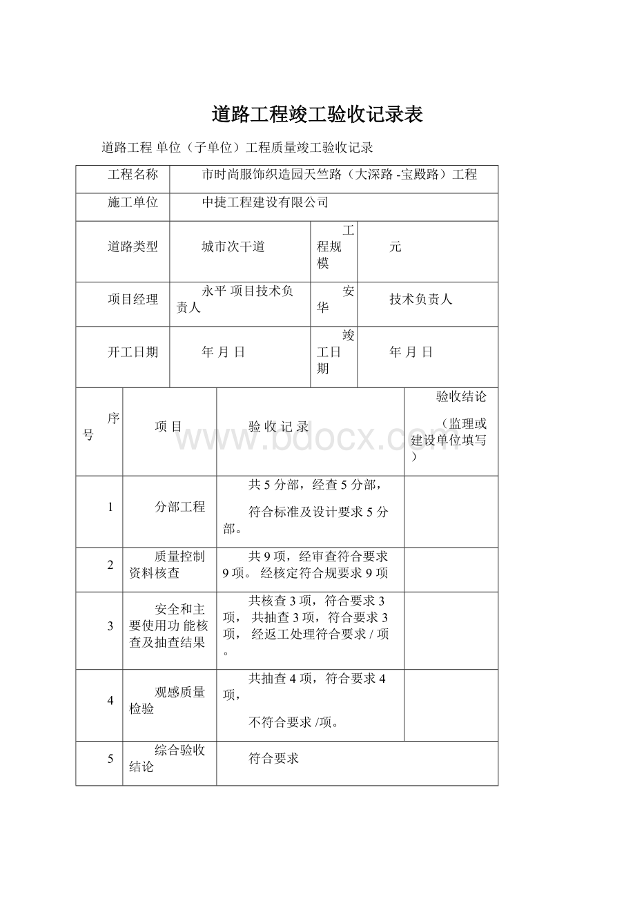 道路工程竣工验收记录表.docx_第1页