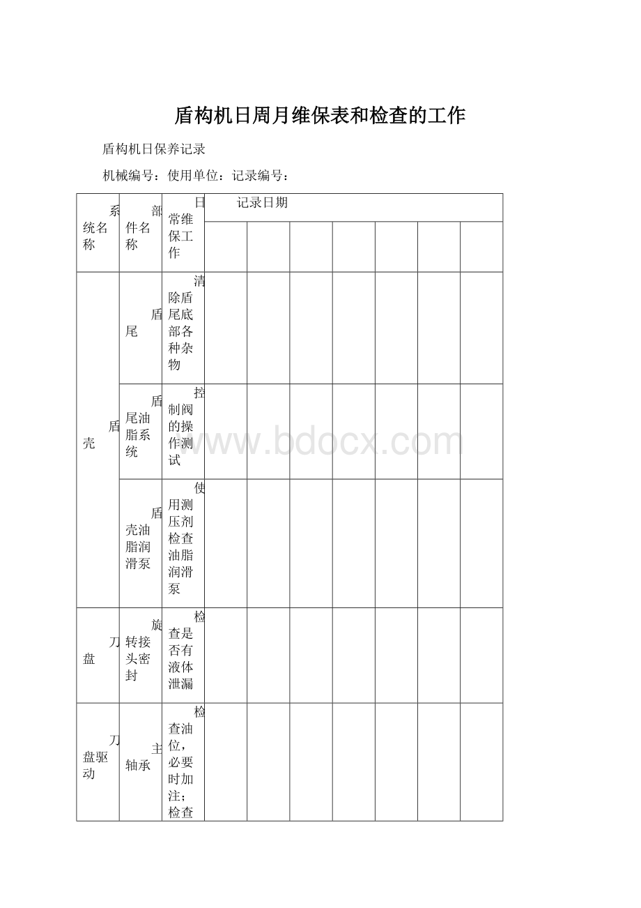 盾构机日周月维保表和检查的工作Word下载.docx