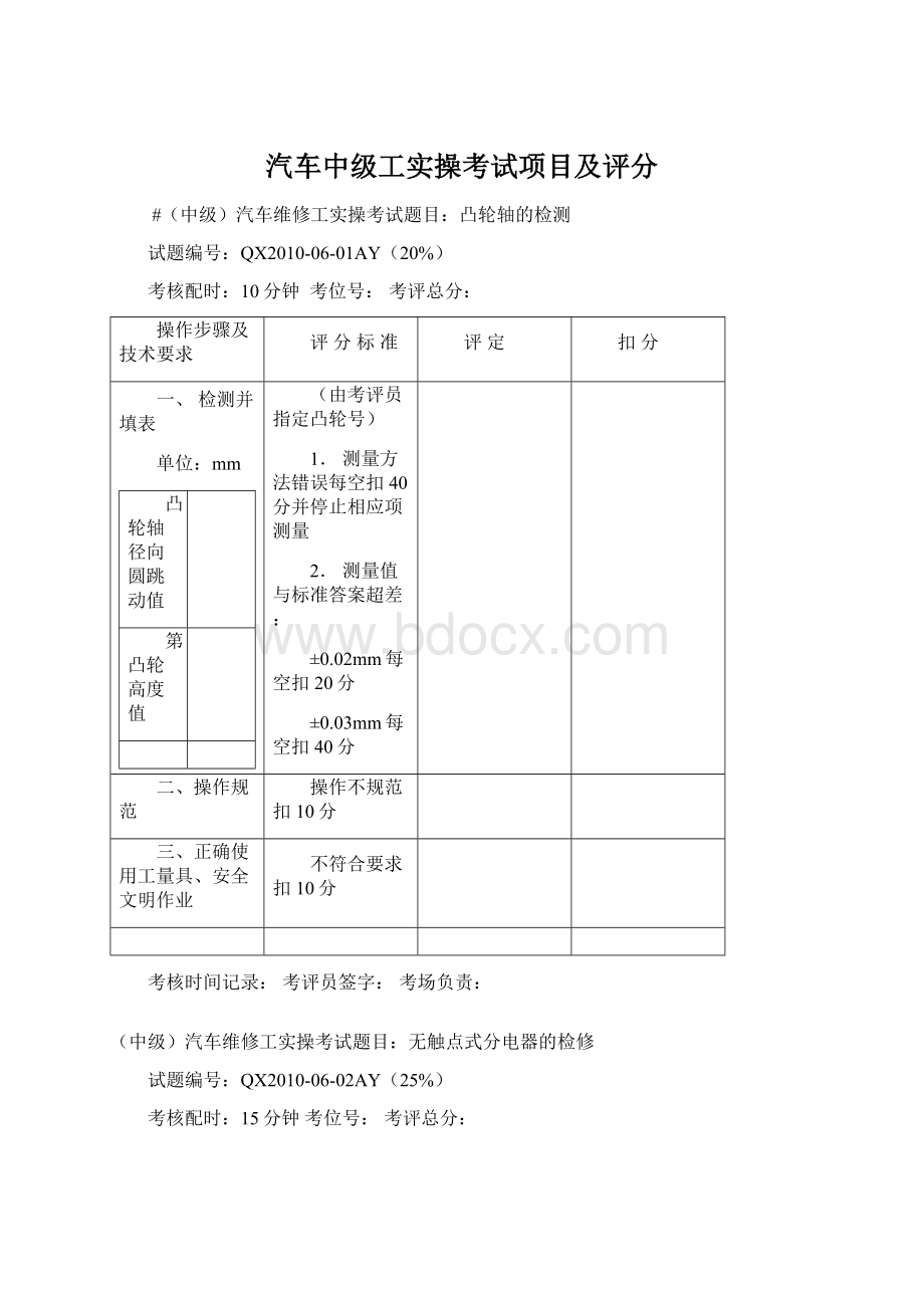 汽车中级工实操考试项目及评分Word下载.docx