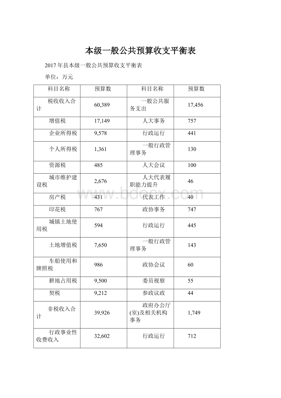 本级一般公共预算收支平衡表Word格式文档下载.docx