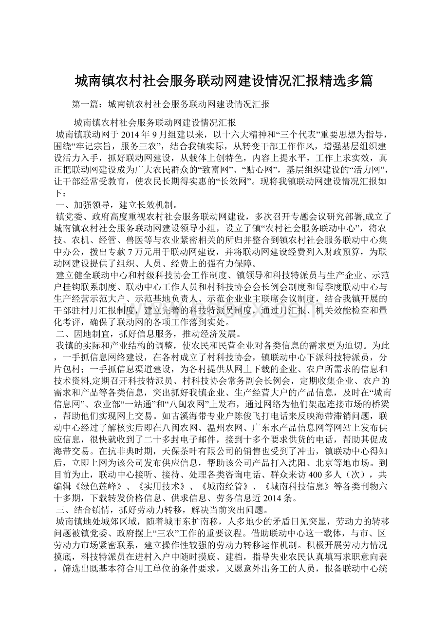 城南镇农村社会服务联动网建设情况汇报精选多篇Word格式文档下载.docx