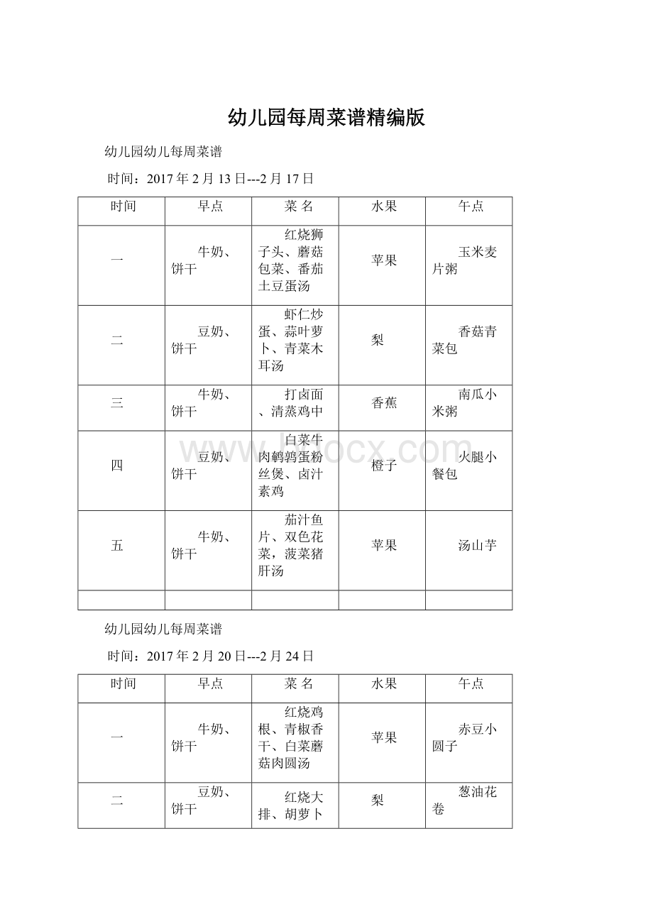 幼儿园每周菜谱精编版Word格式文档下载.docx