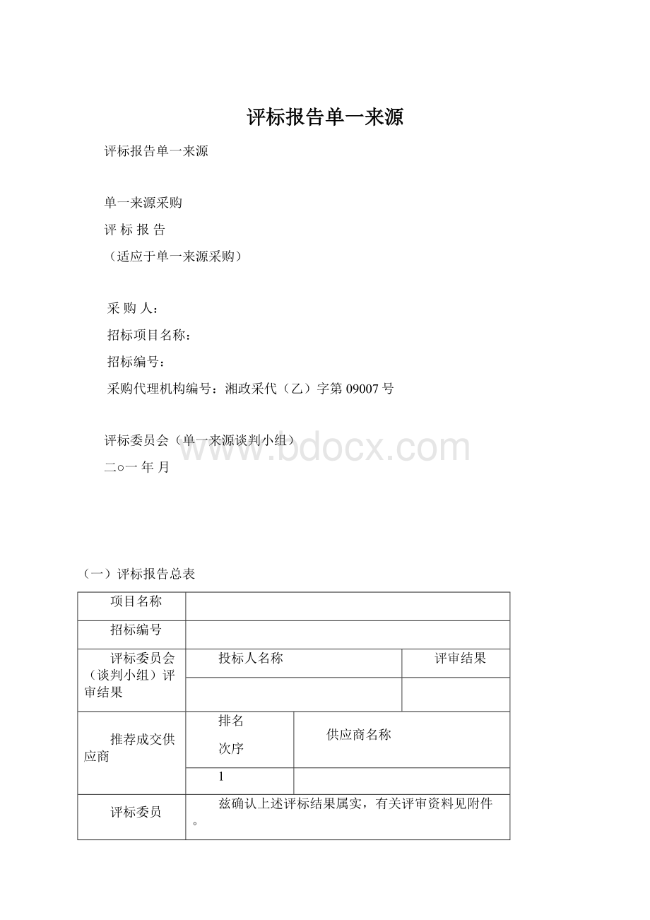 评标报告单一来源文档格式.docx