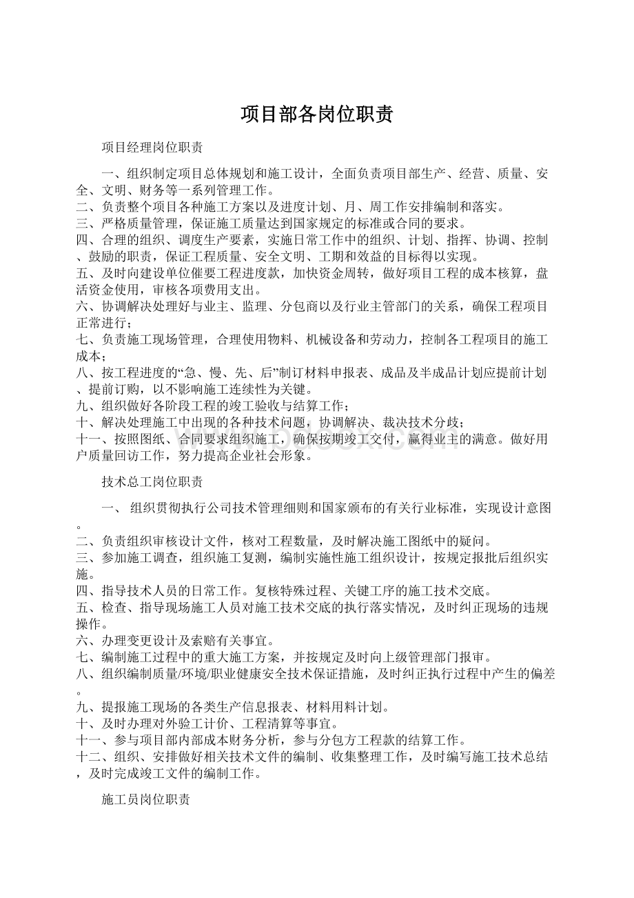 项目部各岗位职责文档格式.docx