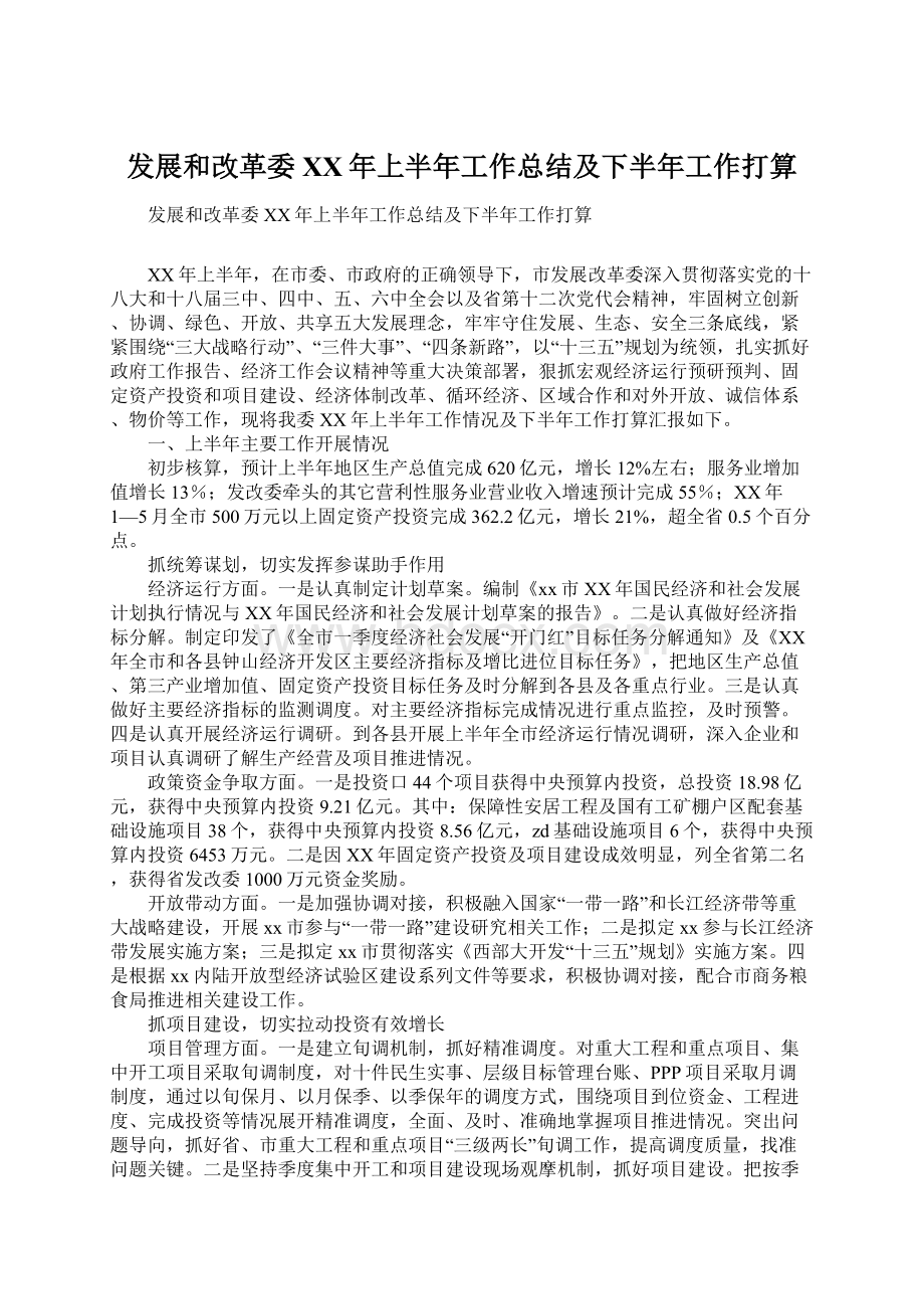 发展和改革委XX年上半年工作总结及下半年工作打算.docx_第1页