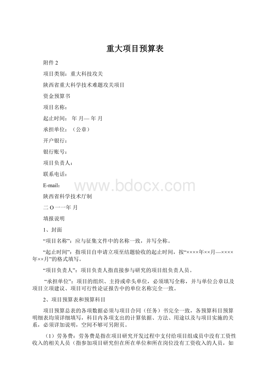 重大项目预算表Word下载.docx