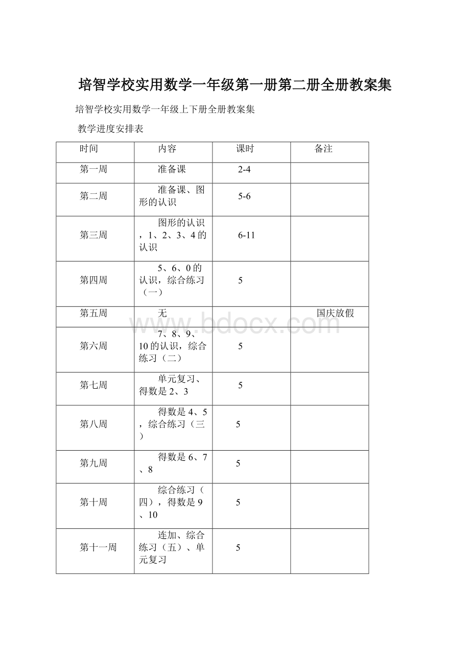 培智学校实用数学一年级第一册第二册全册教案集Word下载.docx